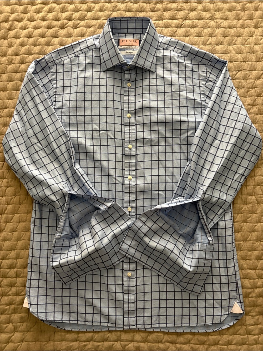 Thomas Pink French Cuff Light Blue and Navy Windowpane Dress Shirt